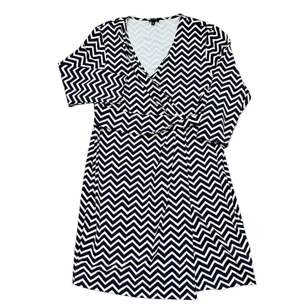 Talbots Chevron Print Belted Slinky Dress XLP Navy Jersey Office Nautical Coast - Picture 11 of 13
